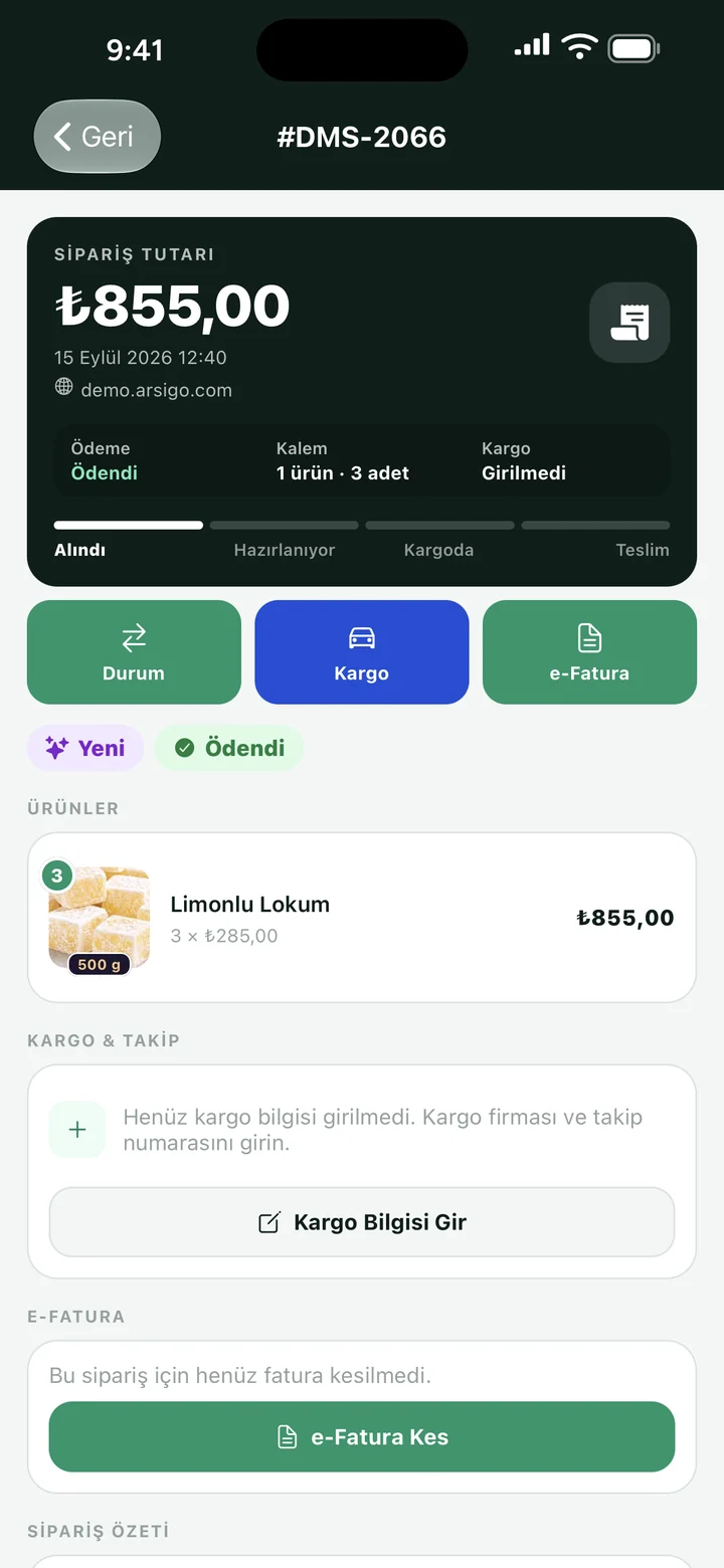 Sipariş detayında e-fatura kesme adımı