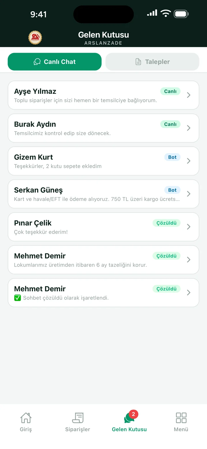Arsigo Crew gelen kutusu: müşteri mesajları
