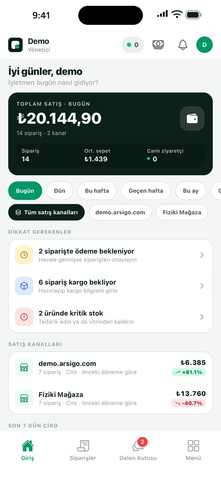 Arsigo Crew ana ekranı: günün satış özeti