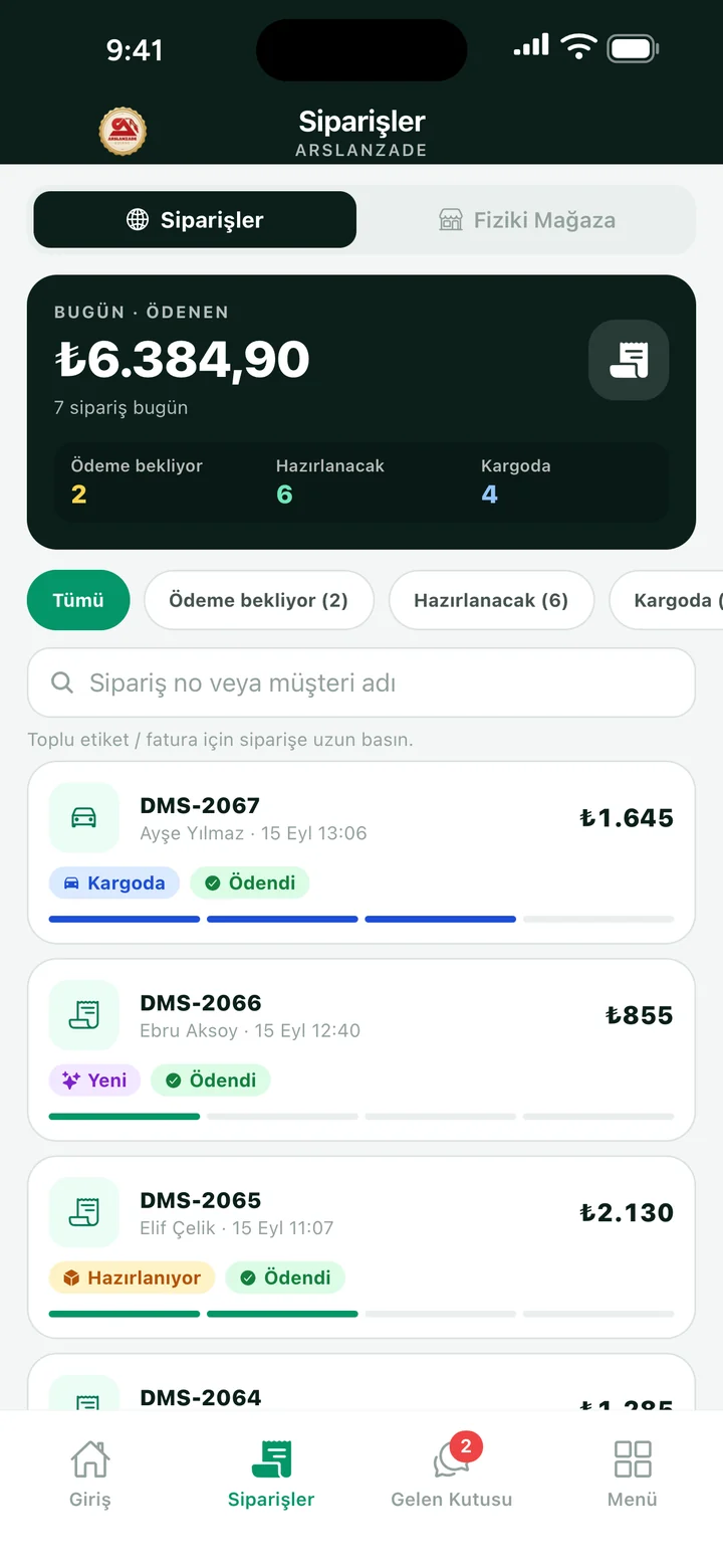 Arsigo Crew sipariş listesi