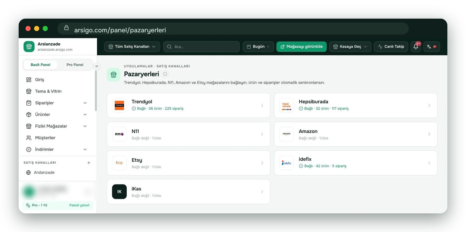 Arsigo pazaryerleri ekranında bağlı hesaplar listesi