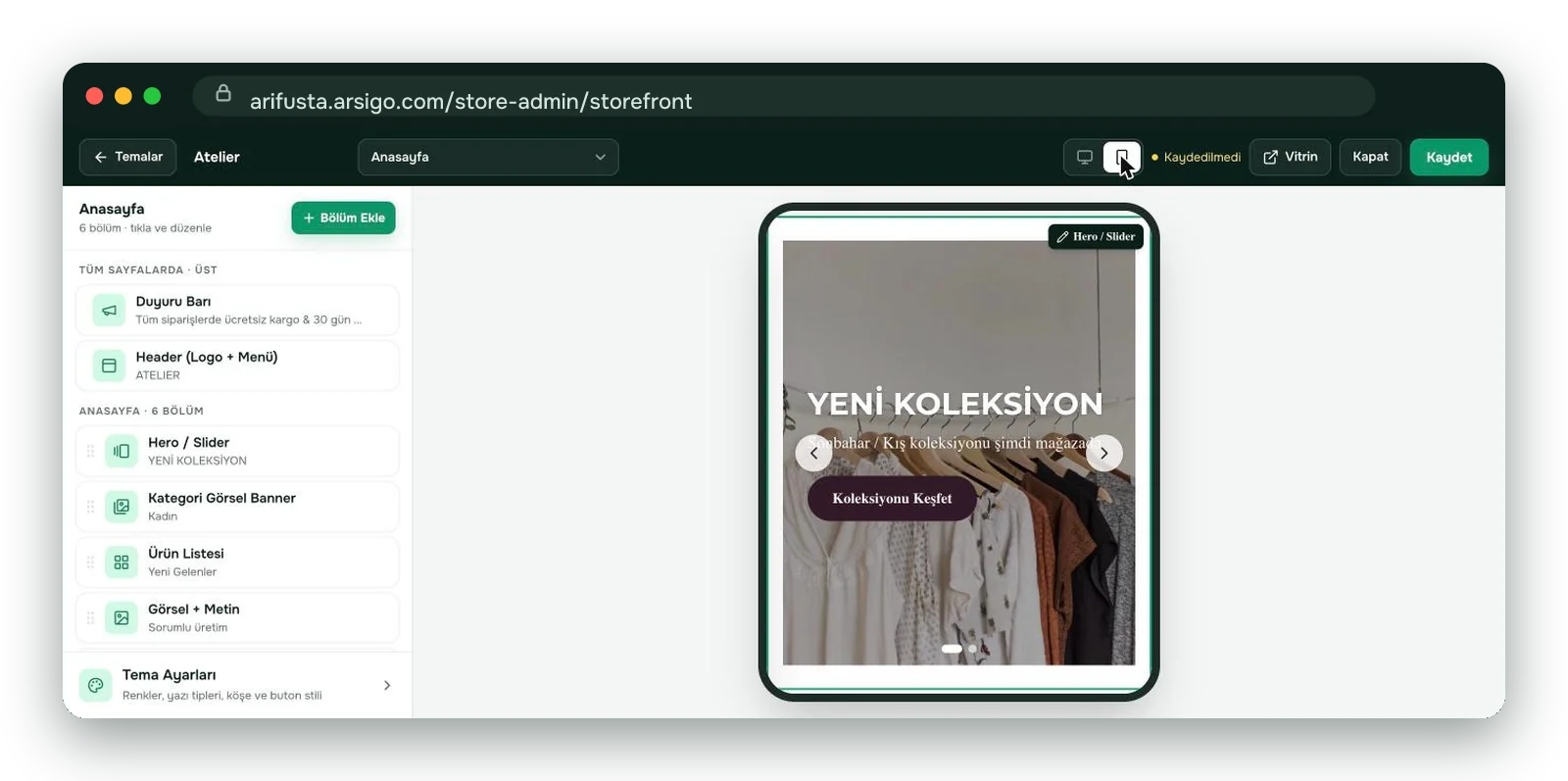 Tema editöründe mobil önizleme