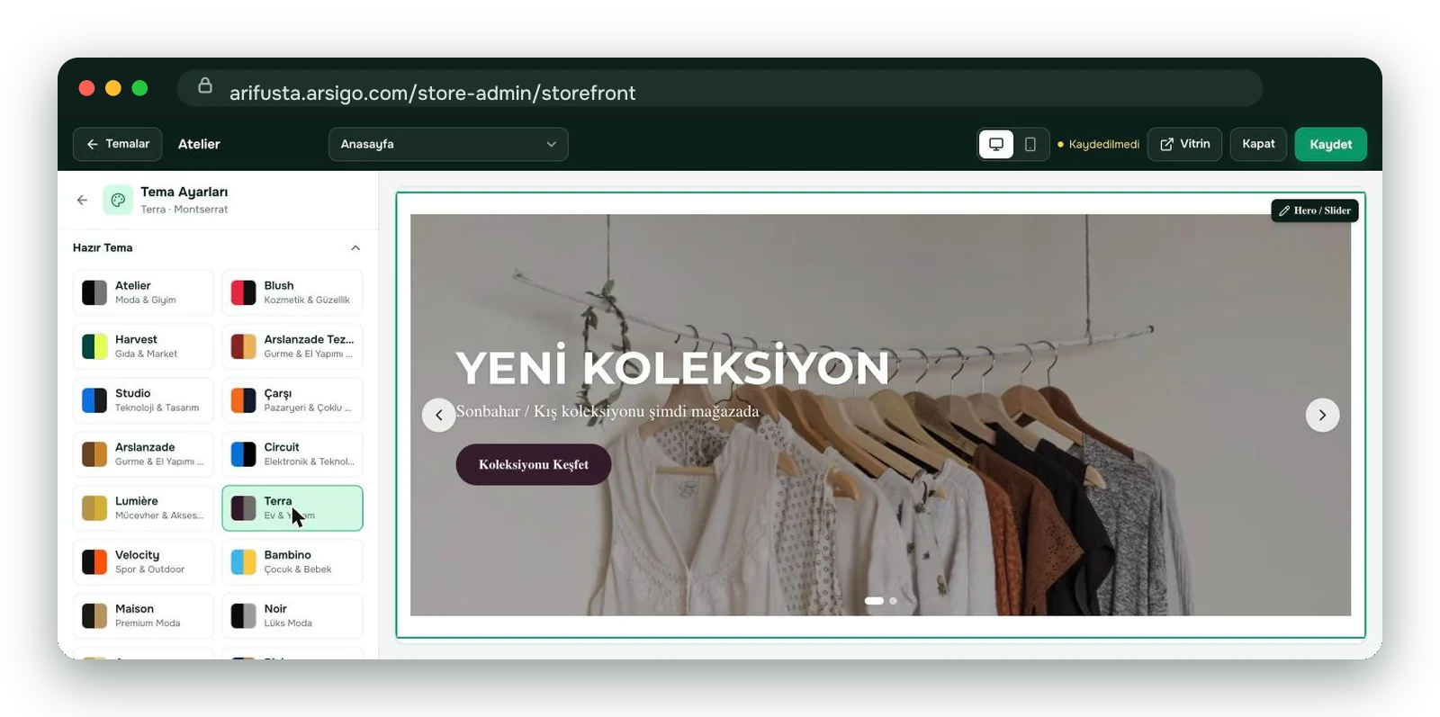 Tema editöründe renk paleti seçimi